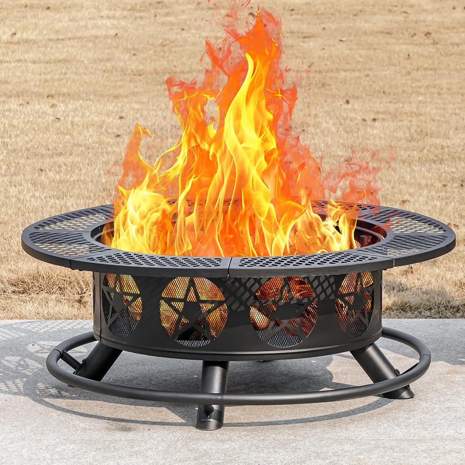 42 Inch Wood‑Burning Outdoor Fire Pit, Multi‑Purpose Fire Pit with 2 Cooking Grills, Protective Lid and Fire Poker for Yard Patio Backyard Bonfire and Outdoor Gathering