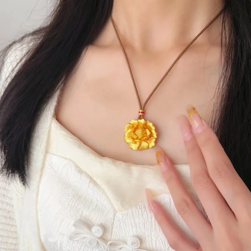 QEENKISS 24KT الذهب خمر زهرة الفاوانيا قلادة المعلقات للنساء حفل زفاف عيد الميلاد عيد الميلاد العروس الأم الهدايا PT5214 #5