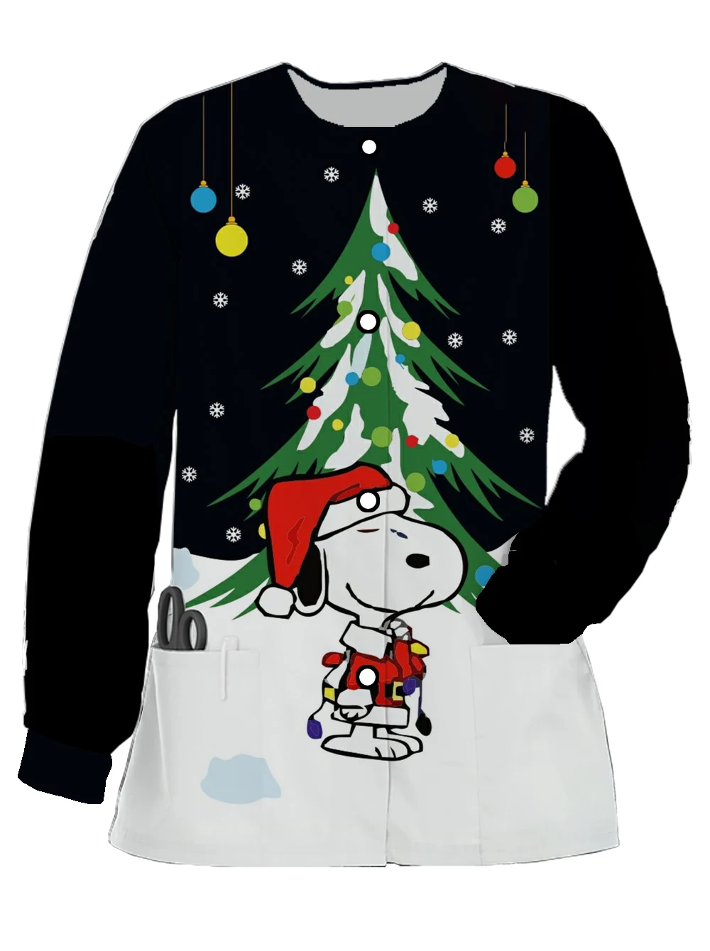 2024 new spring and autumn women's long-sleeved nurse uniform Christmas Snoopy print frosted comfortable dentist work uniform