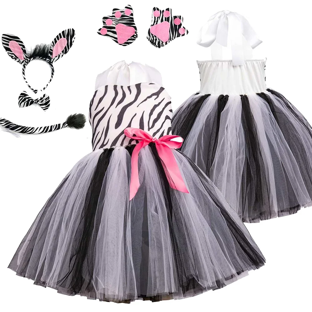 

Kids Children Zebra Cosplay Tutu Dress Tail Gloves Girls Costume Stage Performance Clothing Headwear Outfit Halloween Party Suit