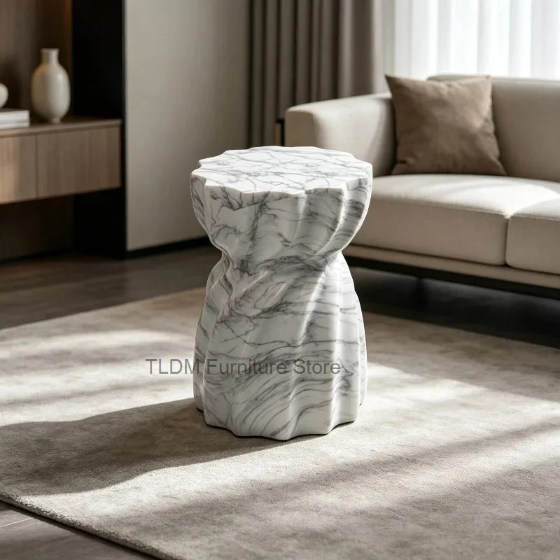 Twisted Ripple Marble Texture Side Table Irregular Scalloped Top Accent End Table For Sofa Living Room Decor