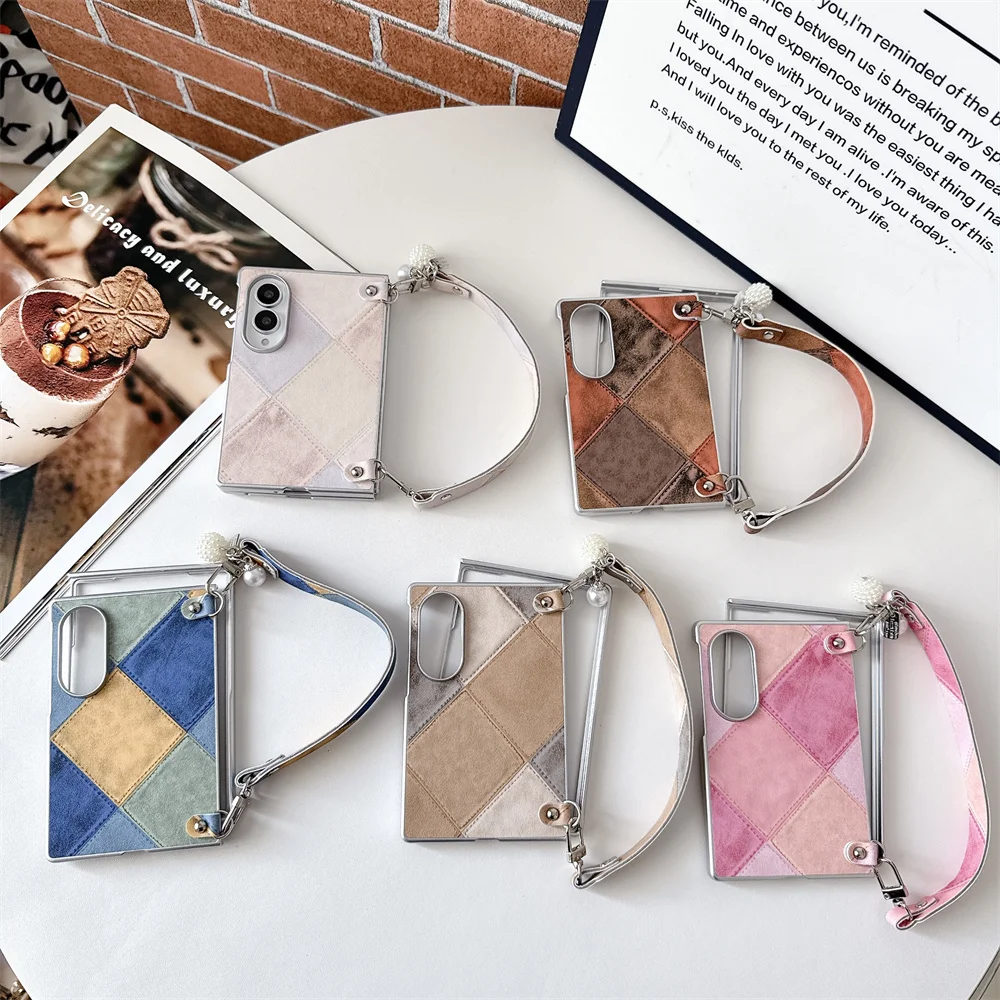 Vintage Rhombus Patchwork Suede Phone Case For Samsung Galaxy Z Fold 8 Series Soft Faux Leather Hinge Protective Cover With