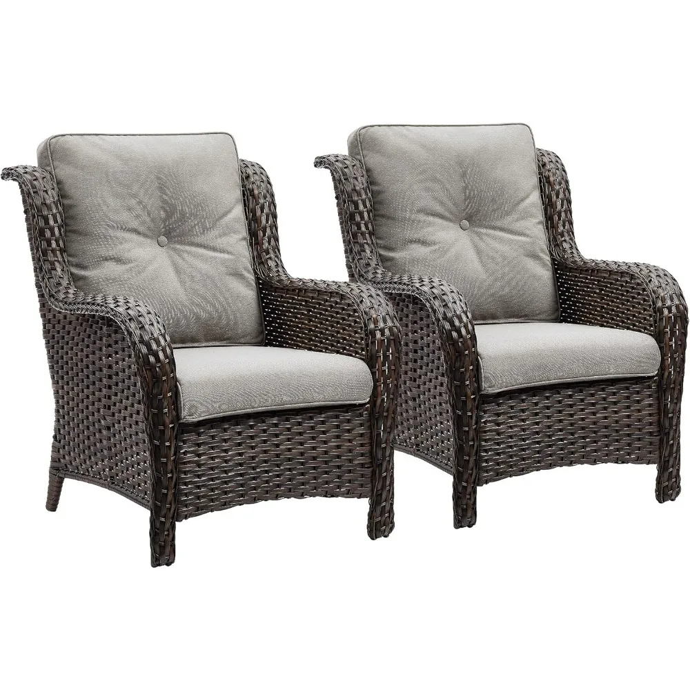 

Outdoor Wicker Patio Chairs Set of 2: Rattan Dining and Porch Chairs with High Back and Deep Seating (Brown/Grey)