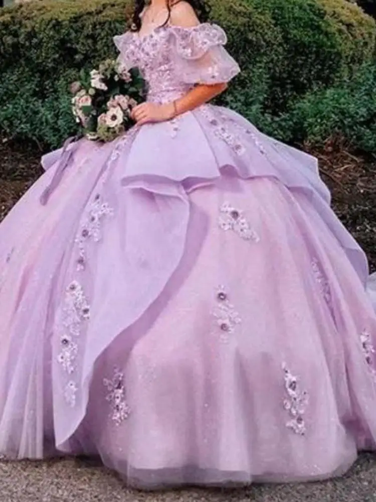 Customzied Lilac Princess Girl Birthday Party Dress Off Shoulder 3D Floral Lace Up Ball Gown Sweet 16 Quinceanera Dress Prom 15