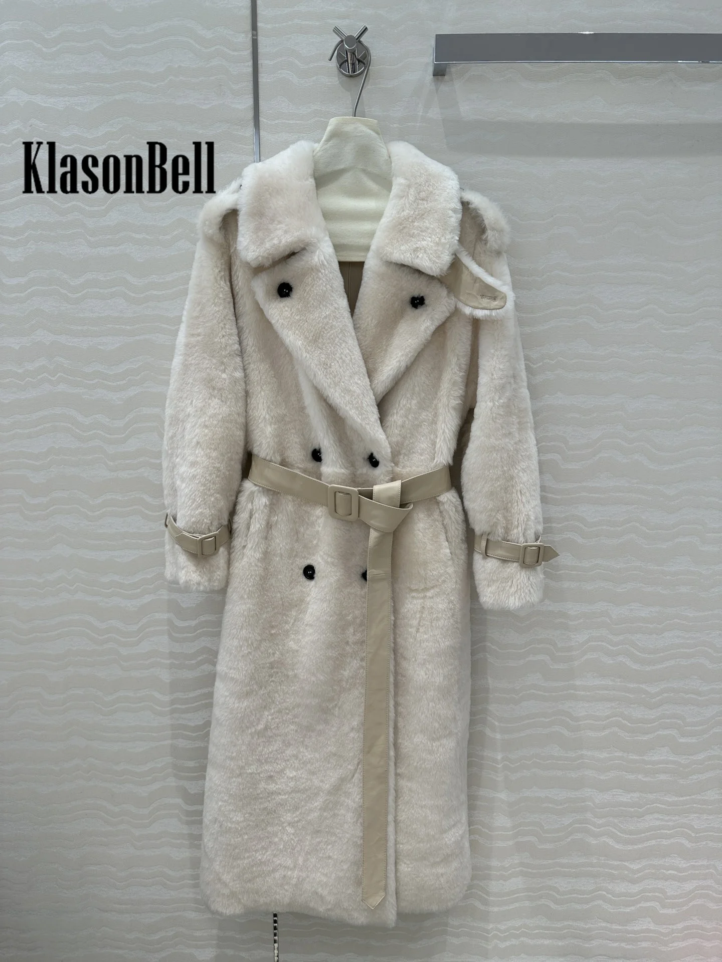 KlasonBell-abrigo de piel auténtica empalmada para mujer, cinturón de solapa de temperamento, ropa de abrigo larga para mantener el calor, otoño e invierno, 9,26