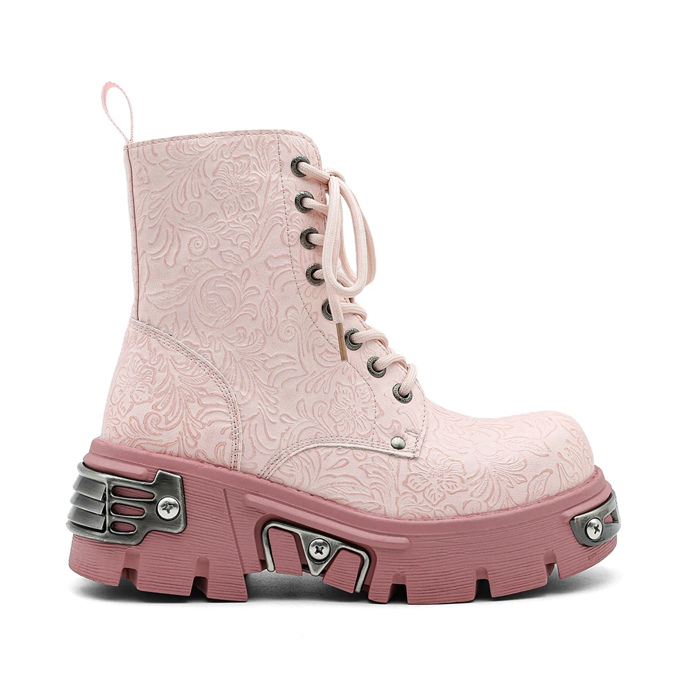 New Punk Women's Platform Ankle Boots Female's Rock Round Toe Lace Up Woman Fashion Retro Chunky Shoes Metal Decor Short Boots view 2