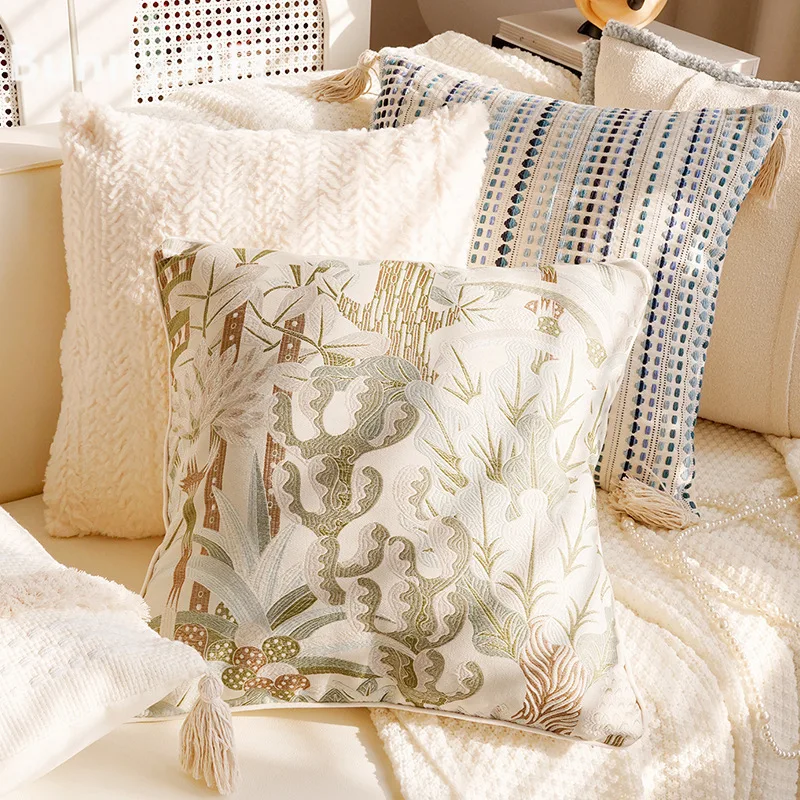 Boho Chenille Tufted Decorative Throw Pillow Cases Floral Striped Plush Fur Modern Cushion Covers For Sofa Bed Living Room Decor