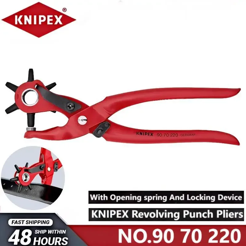 KNIPEX  90 70 220 Rotary Hole Punch Pliers Tool 8.6 Inch Six Interchangeable for Punching Holes in Professional Leather Textiles