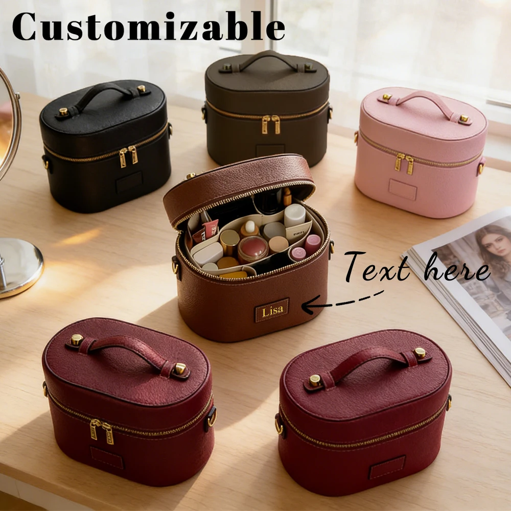 Customized Name PU Leather Cosmetic Bag: Simple, Portable, Crossbody, Hand-Carry, Large Capacity for Travel