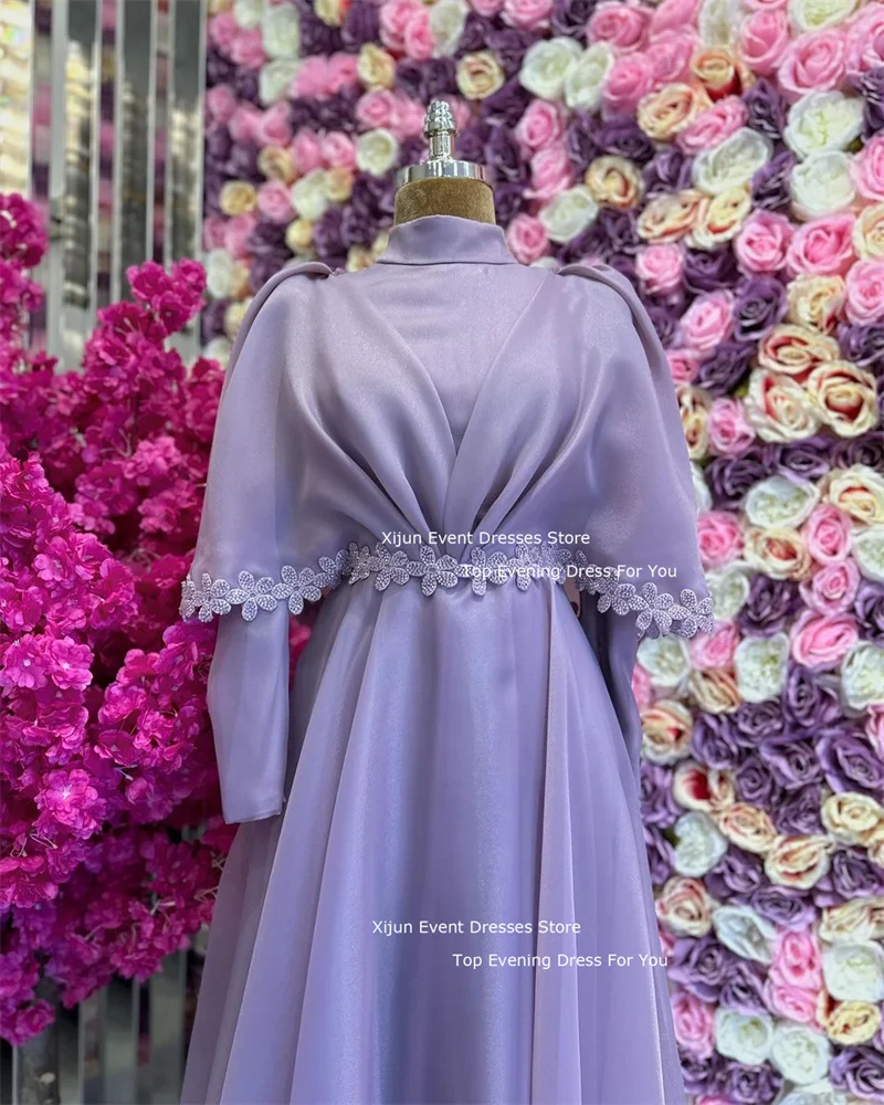 Xijun Modest A-Line Evening Dresses High Collar Full Sleeves Prom Dresses Moroccan Kaftan Formal Dubai Prom Gown Flower Applique