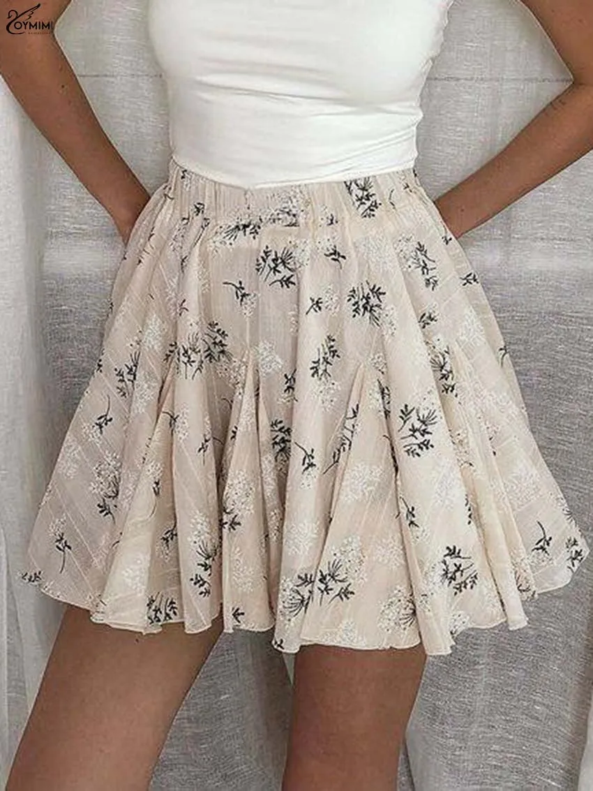 

Oymimi Elegant Khaki Print Skirts For Women Fashion Cotton High Waisted Skirts Autumn Casual Pleated Mini Skirt Female Clothing