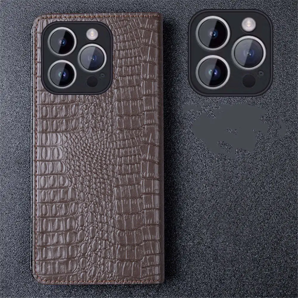 Genuine Cowhide Leather Magnetic Flip Case for iPhone 16 16 Pro 16 Pro Max Crocodile Holder Cover