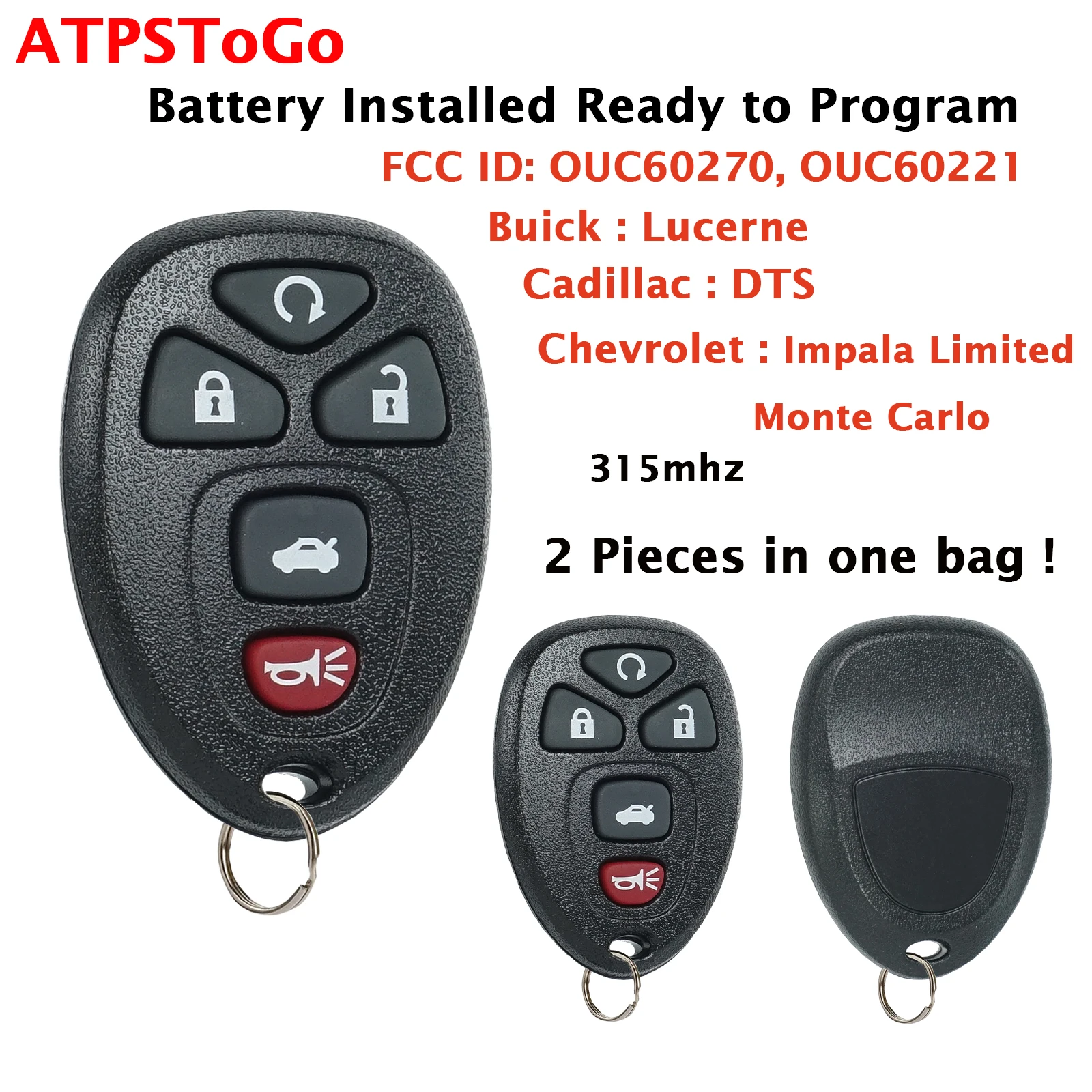 2PCS Car Key Fob For 2007 2008 2009 2010 2012 2013 Chevrolet Impala Monte Carlo Remote Key Fob 5 Buttons 315Mhz OUC60270