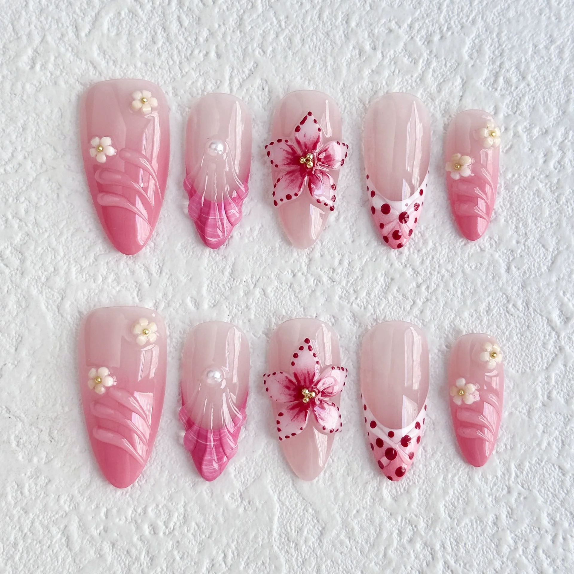 

10pcs French Almond Press on Nails Flower False Nails Wearable Stick-on Nails Fake Nail Uñas Postizas Mujer Накладные Ногти 네일팁