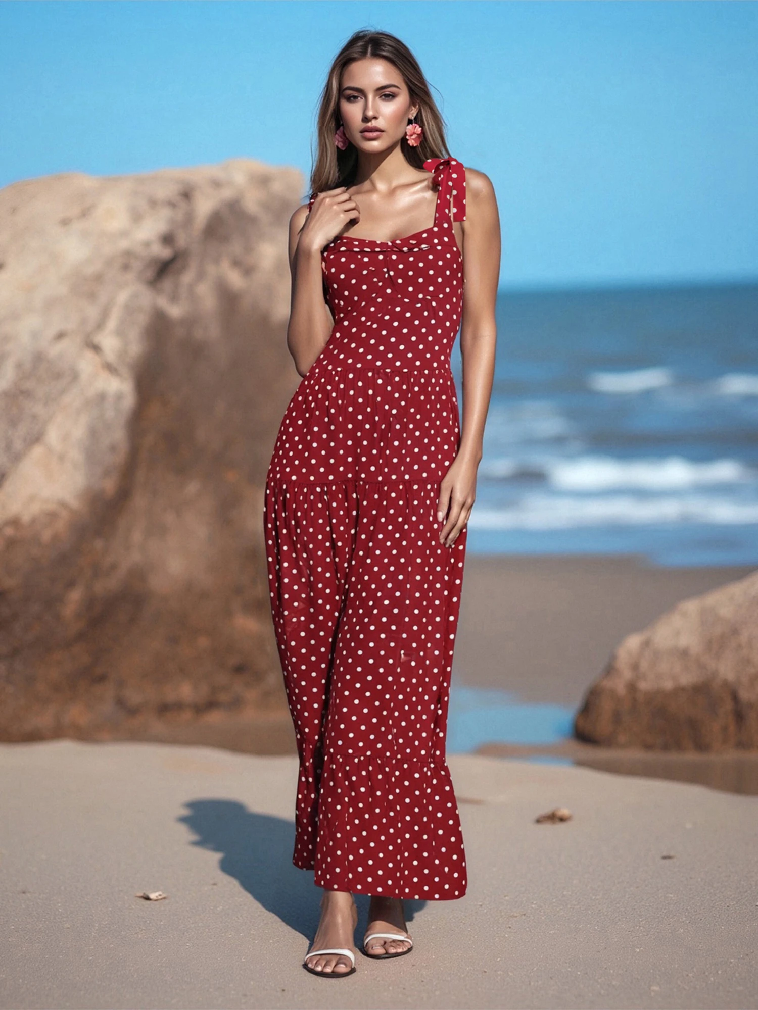 Women s Polka Dot Print Sleeveless Maxi Dress with Tie-Up Straps Summer Fashion Casual Cami Dress for a Stylish Look
