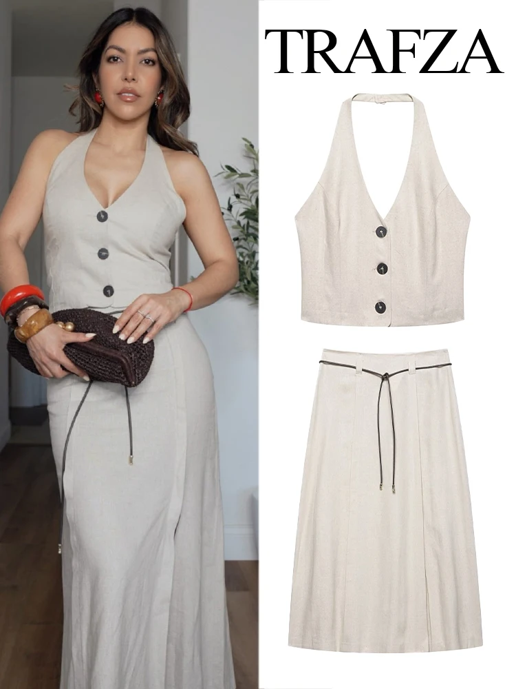 

TRAFZA Women Skirts Set Hanging Neck Collar Backless Single-breasted Short Tops+A-Line High Waist Lace-up Skirt Women Suits