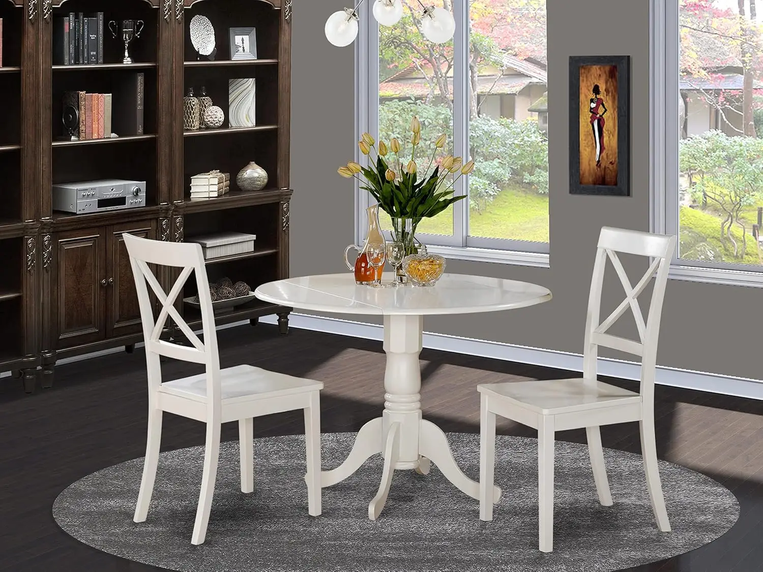 Conjunto de jantar de 3 peças com mesa redonda e 2 cadeiras, linho branco, 42 x 42 polegadas