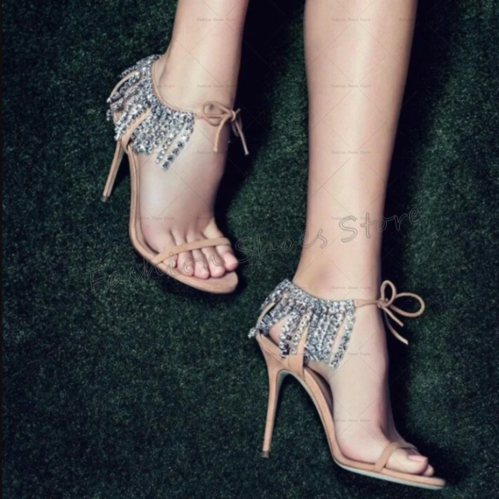 

Apricot Crystal Tassels Lace up Sandals Open Toe Women Shoes Stilettos High Heels Party Banquet Dating 2025 Zapatos Para Mujere