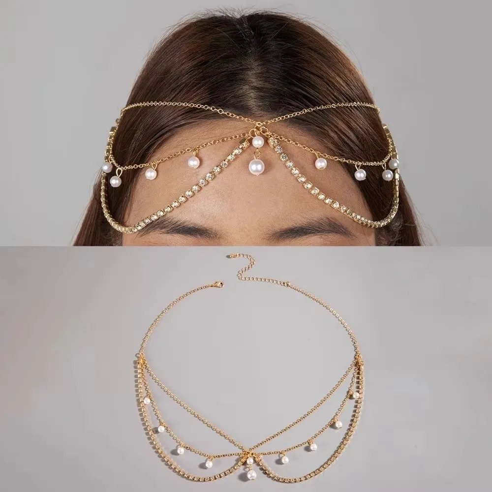 Rhinestone Embellishment Pearl Rhinestone Hairpin Chain Multilayer Vintage Exotic Style Boho Tassel Head Chain Lightweight