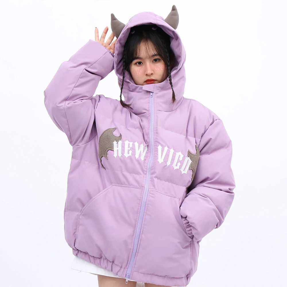 Cute Devil Horn Goth Wing Embroidery Quilted Coats Thicken Warm Winter Jackets Hip Hop Oversized Kawaii Harajuku Couples Teens