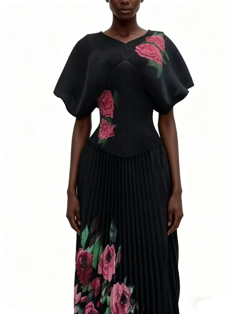 Miyake Afrikanischer V-Ausschnitt, plissiert, kurzärmelig, bedruckt, elegant, lockerer Anzug, modisches Top + plissierter langer Rock, zweiteiliges Damen-Set