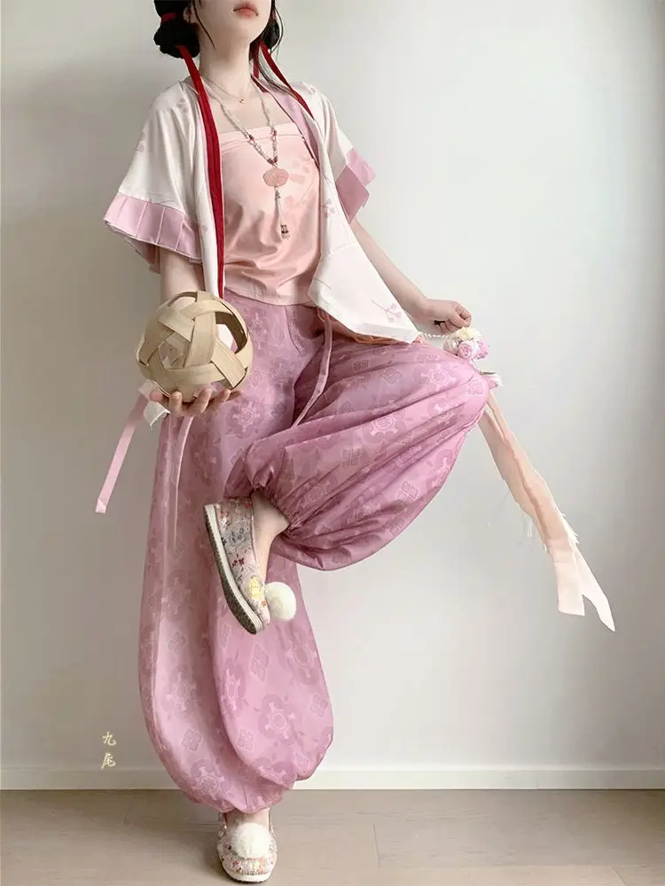 Jin Dynasty Hanfu Set - Women's Cross-Collar Short Sleeve Top Lantern Pants Traditional Chinese Clothing for Daily Wear view 2