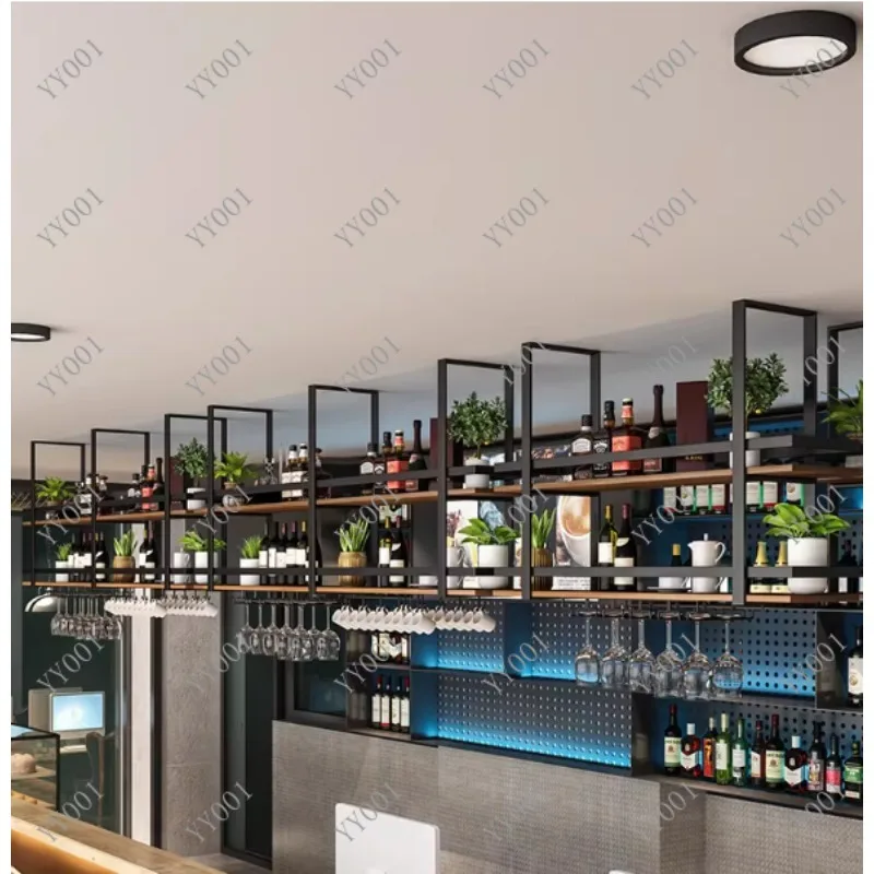 Industriestil Massivholz-Eisen Hängeregal Deckenaufbewahrungsregal für Küche Bar Restaurant