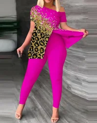 New Fashion 2023 Summer Casual Womens Two Piece Sets Outfit Contrast Leopard Print Skew Neck Slit Top & Pants Set