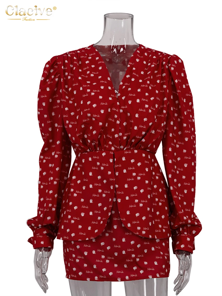 Clacive Fashion Slim Print Women\'s Dress 2024 Sexy Deep V-Neck Long Sleeve Mini Dresses Elegant Classic High Waist Female Dress