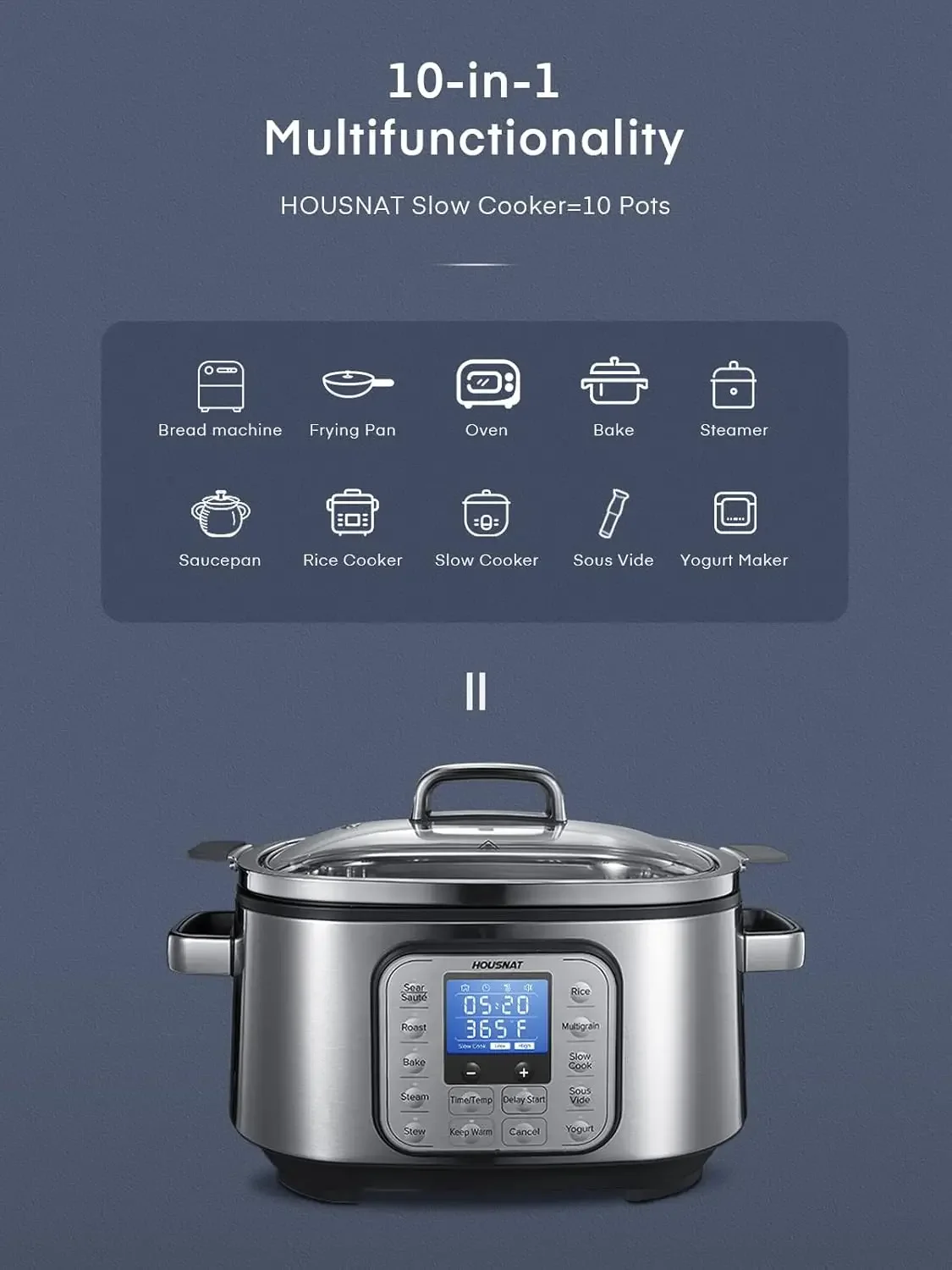 10 in 1 Programmable Cooker, 6Qt Stainless Steel, Rice Cooker, Yogurt Maker, Delay Start, Steaming Rack and