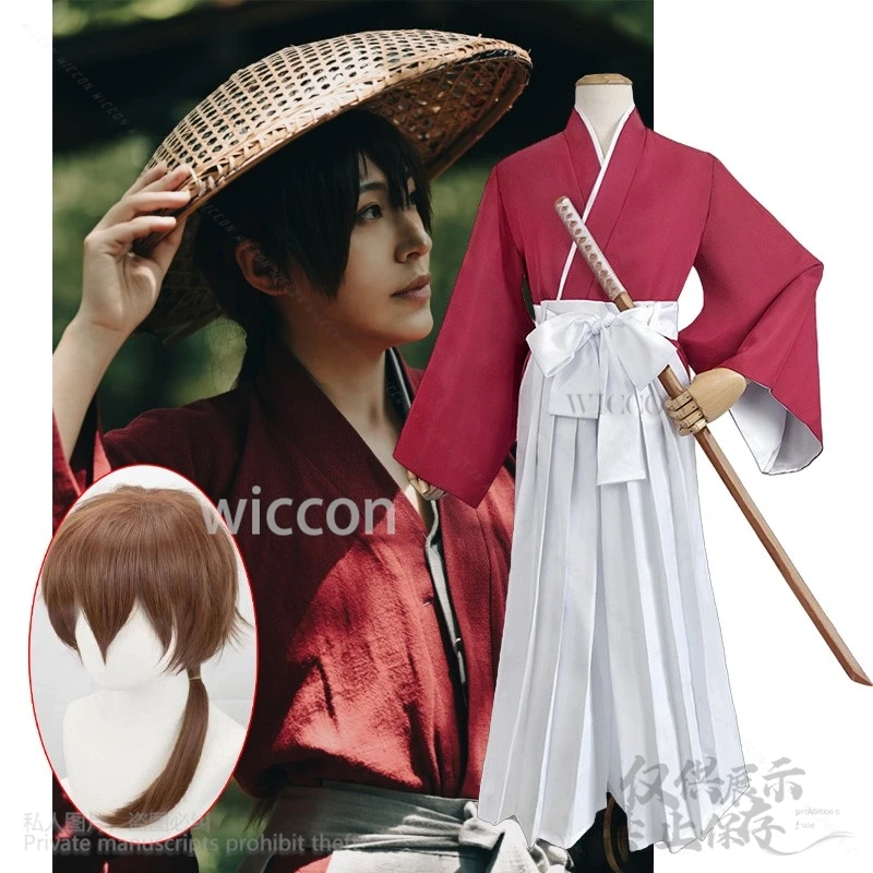 Anime Rurouni Henshin Cosplay Costume Black Wig Himura Kimono Japanese Kendo Outfit Halloween Battle Uniform Set Enshin Roleplay