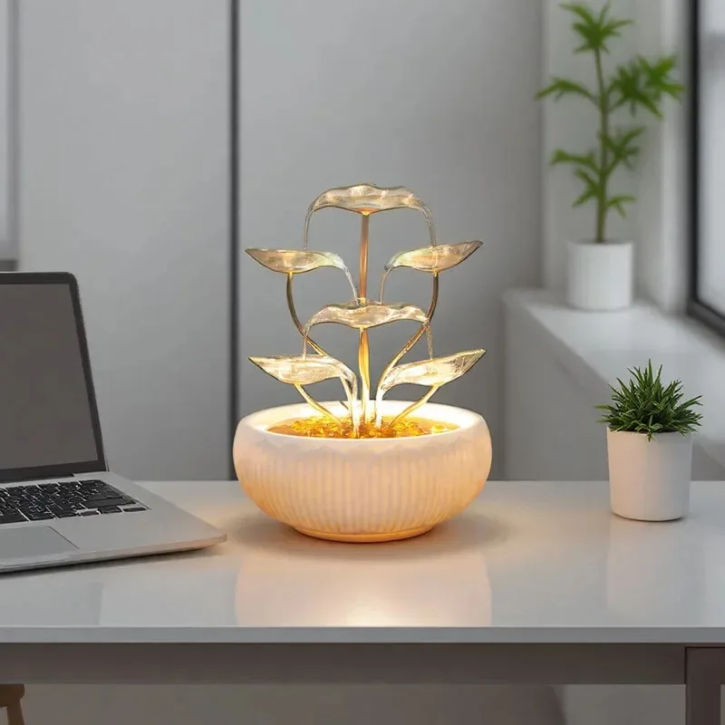 Tabletop Fountain Water Feature Indoor and Outdoor Home and Garden Decoration Leaf Fountain Quiet Pump Metal Material