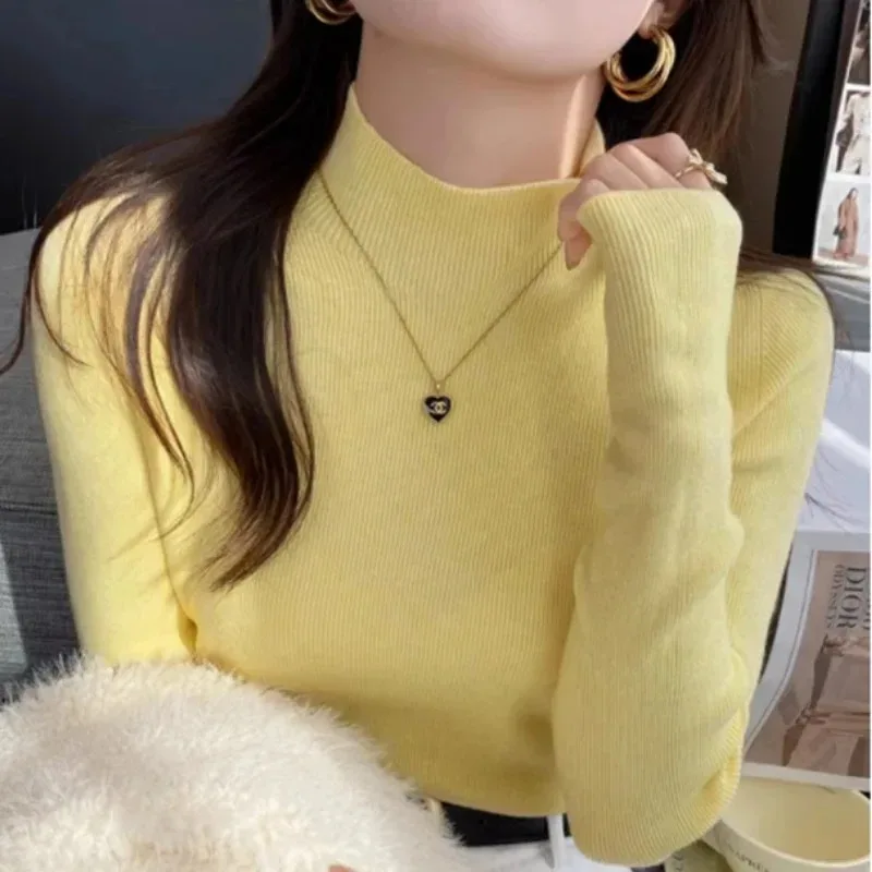 Chic Soft Mock Kragen Lange ärmeln Einfarbig Pullover Gestrickte frauen Bluse Grundlegende Sanfte Touch Pullover Koreanische Mode
