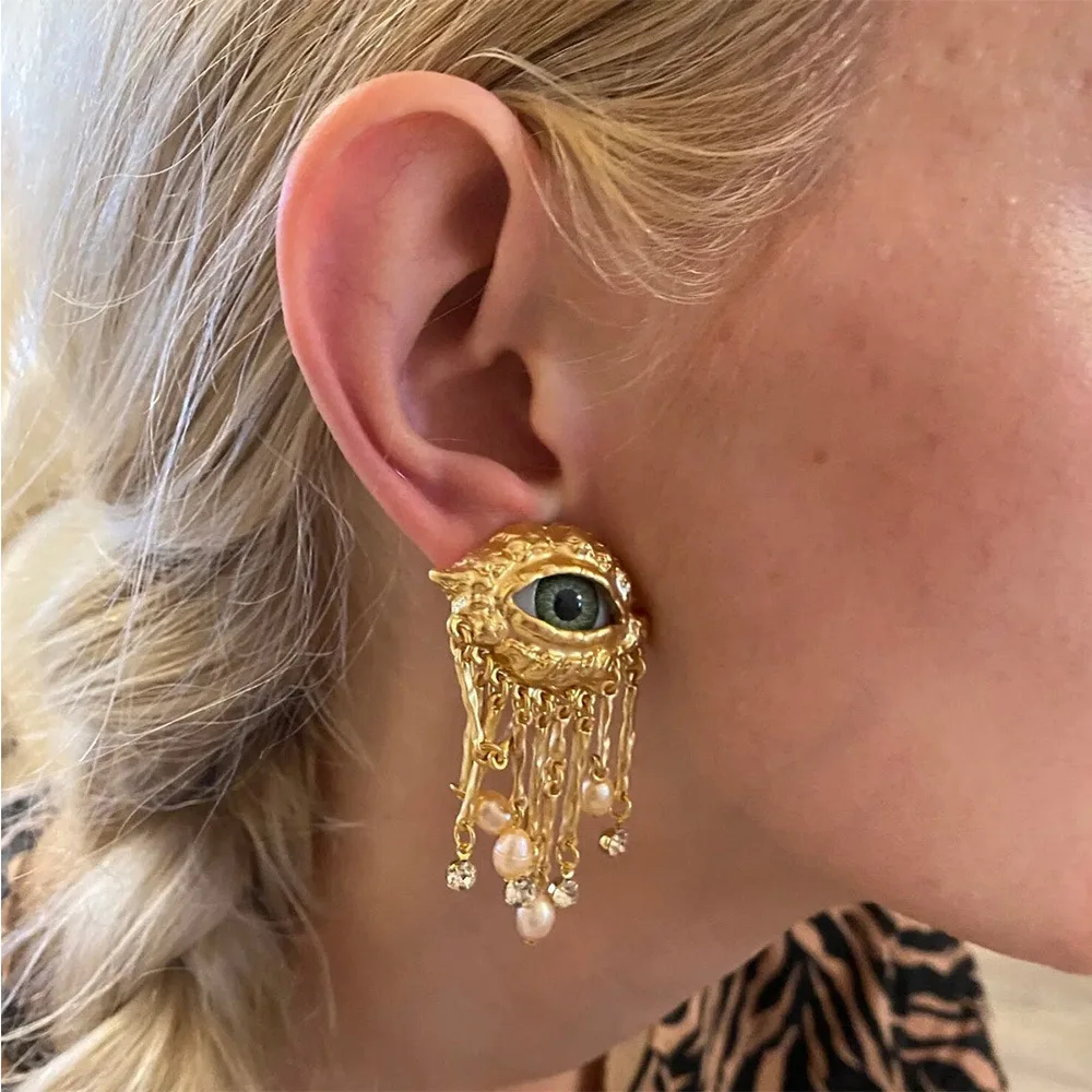 Orecchini Evil Eye di alta qualità anello aperto per le donne Heavy Industry Personality nappa perle lega Eye Ear Clips Set di gioielli con perno