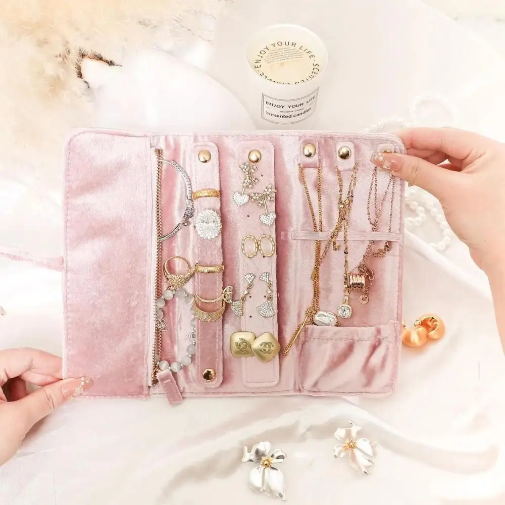 

Practical Velvet Travel Jewelry Bag Foldable Portable Jewelr Roll Bag with Buckle Rings Necklaces Earrings Organizer
