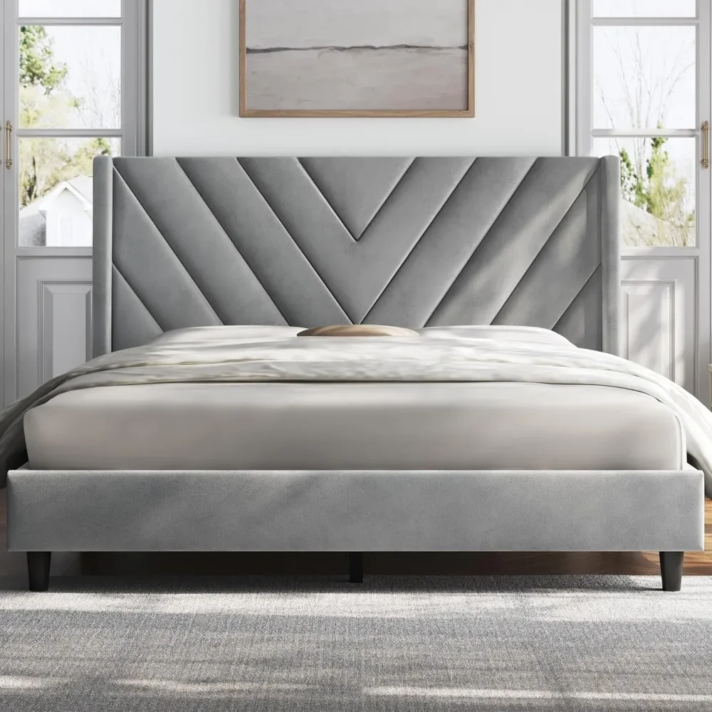 Queen Bed Frame Upholstered Platform Bed with Wing Side/Wooden Slat Support/Tufted Headboard with Wing Side/Mattress Foundation