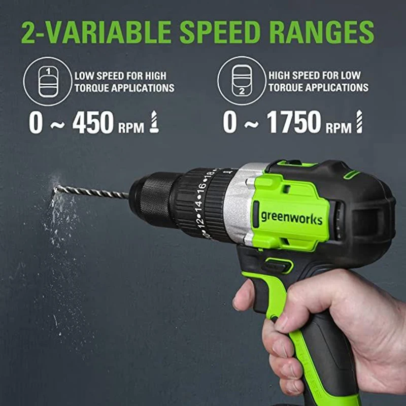 Greenworks Brushless Motor 24V Double Speed Electric Screwdrvier 60N.m  Impact Cordless Drill Rechargeable Household Power Tools