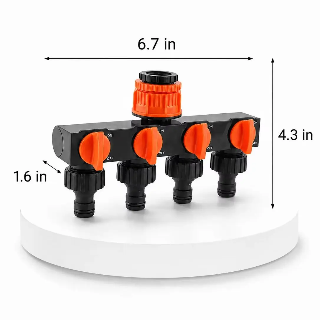 Garden Hose Pipe Splitter 4 Way Faucet Diverter Tap Connector Water Valve Distributor with Shut Off Switches for Lawn Irrigation
