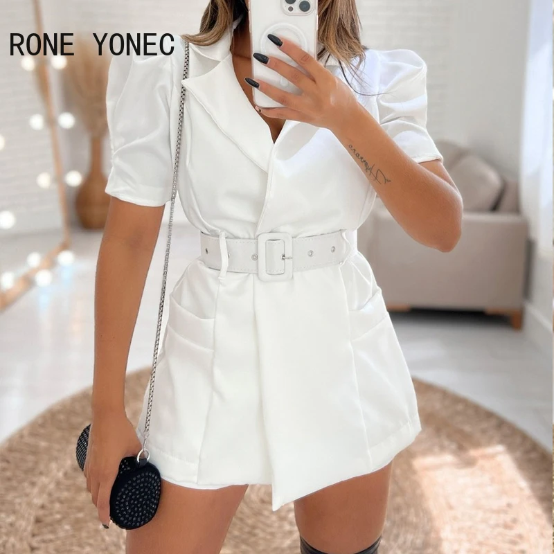 Women Elegant Notched Collar Solid Short Puff Sleeves with Belts Formal Working Blazer Dresses