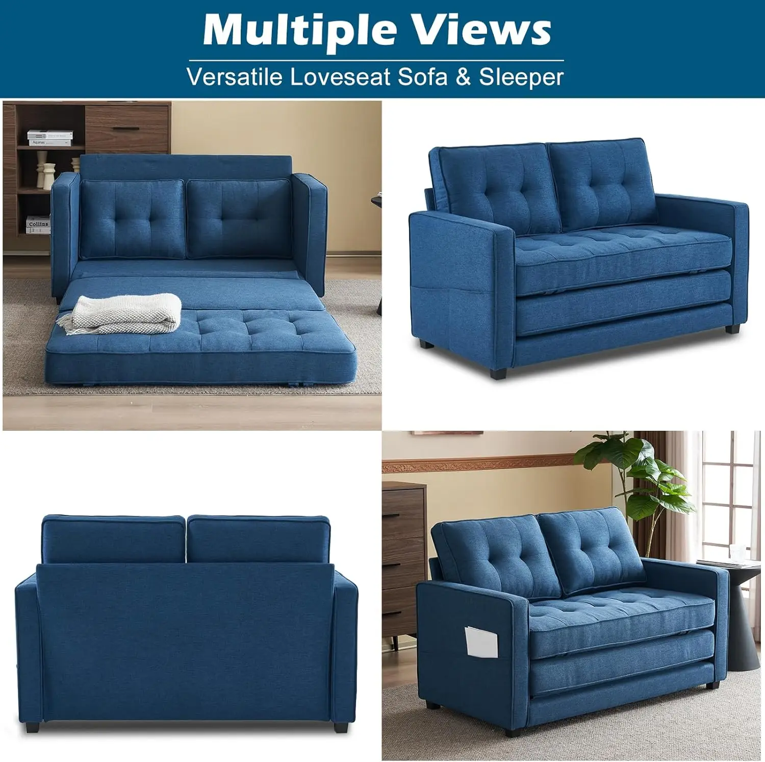 Sofá-Cama Conversível para Sala de Estar, Sofá Dobrável para Espaços Pequenos, Sofá-Cama de Chão Dobrável para Jogos no Porão, Azul Marinho