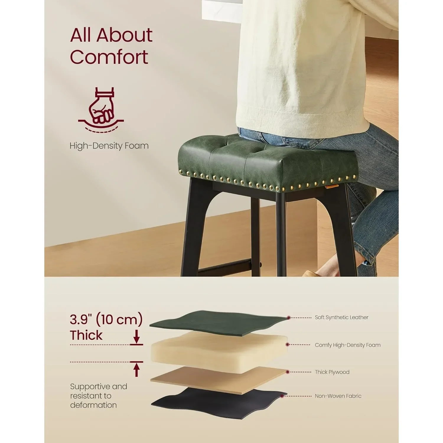 Juego de taburetes de bar verdes de 26 ", taburetes con montura de patas de madera sin respaldo, taburetes de altura para mostrador de cocina que ahorran espacio para espacios pequeños