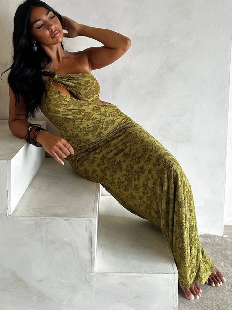 Nibber Perlen Patchwork Unregelmäßigen Hohl Maxi Kleid Frauen Einzigen Schulter Gurt Tailleless Street Fashion Temperament Vestidos