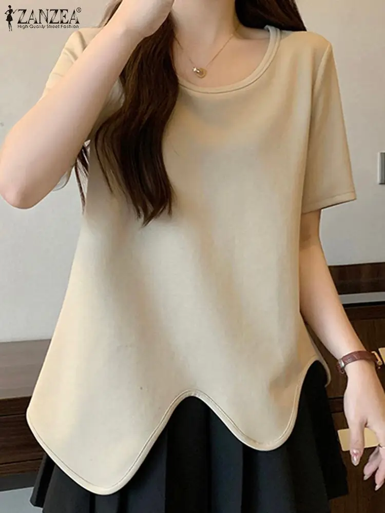 ZANZEA Casual Loose Irregular Hem Blusas Mujer Korean Fashion Women O Neck Short Sleeve Blouses Summer Solid Color T-shirts