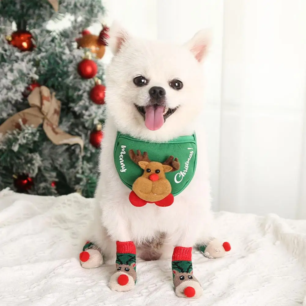 4Pcs Non-Slip Pet Christmas Socks Set Christmas Pattern Foot Covers Puppy Knitted Paw Protector Small Dogs Anti Slip Cat Socks