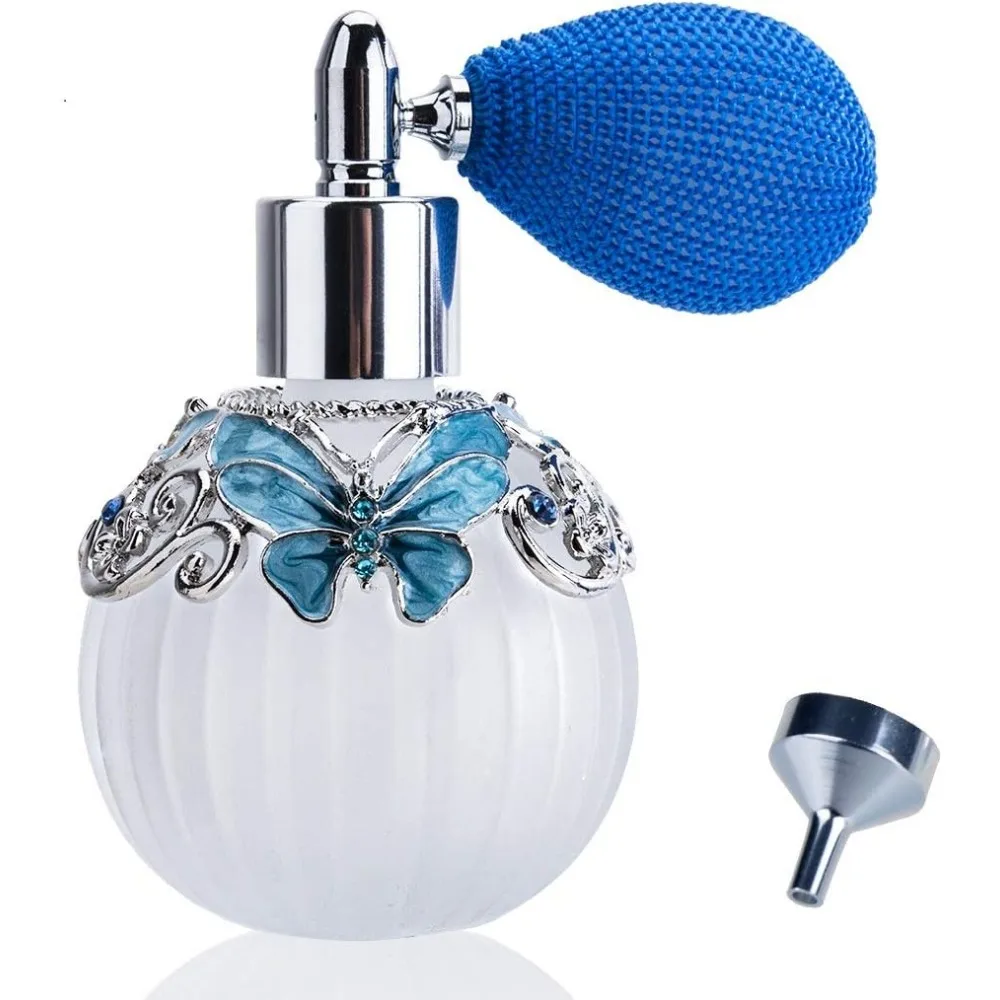 

Glass perfume bottle with mist atomizer squeezed bulb funnel, hand-painted butterfly pattern