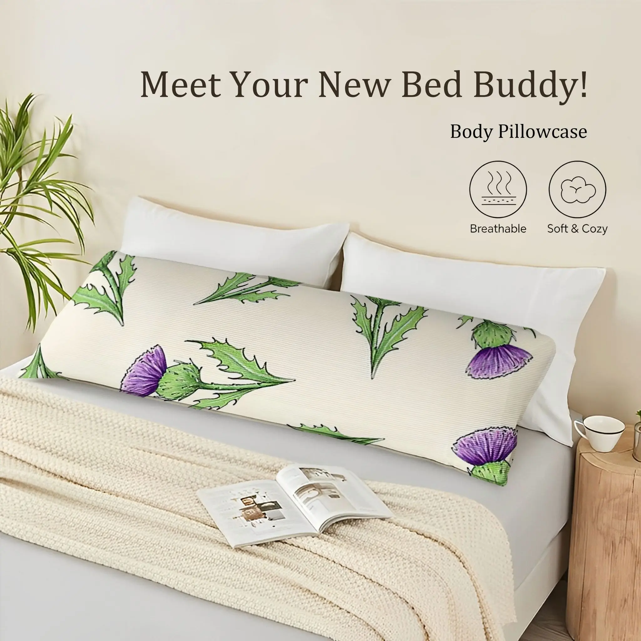 Green and Purple Thistle Plant Pattern Body Pillowcase | Polyester, Machine Washable, Zipper Closure, Suitable for Various Room
