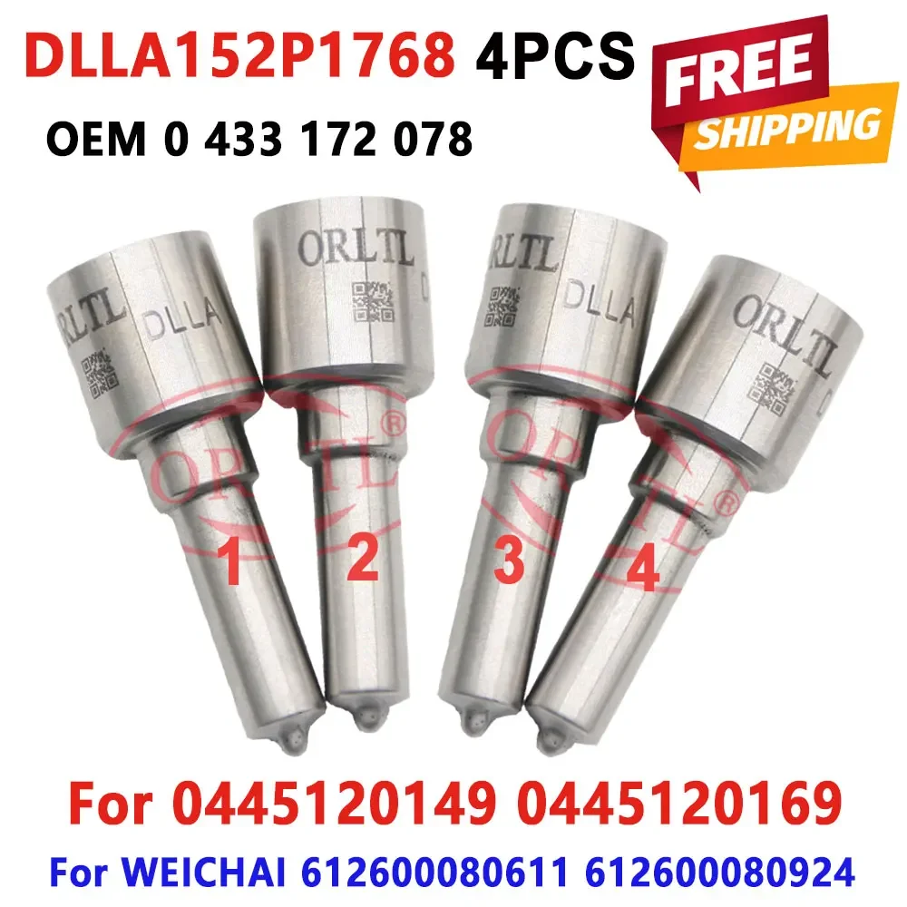 

4PCS Diesel DLLA152P1768 Injector Nozzle 0433172078 Sprayer DLLA 152 P 1768 0433172078 For 0445120169 0986AD1008 0986AD1009
