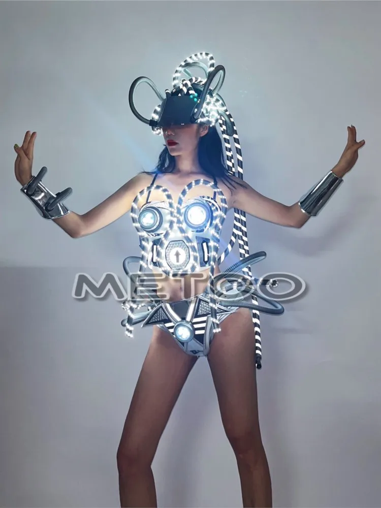 Silver LED Light Armor Robot Silver Split Performance Suit GOGO DS Performance Costume