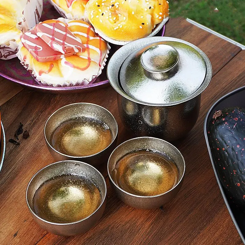 

130ml Titanium Travelling Tea Set Double-layer Heat Insulation Outdoor Camping Tea Set One Pot Three Cups Set Backpacking Gear