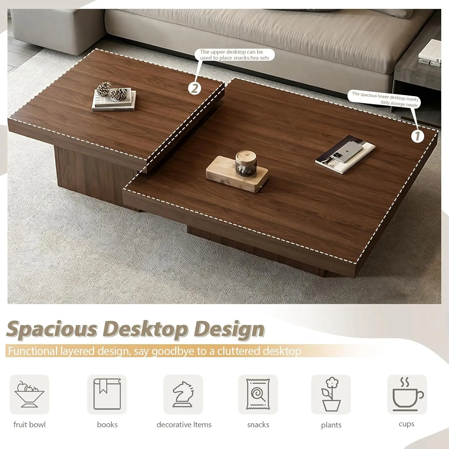 Nesting Coffee Table Set of 2, Modern Square Coffee Tables and Side Table Set, Full Floor Structure, Small Wooden Living Room Ta